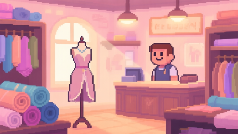 自动生成图片: A cozy, warmly lit pixel-art game interior of a tailor shop, with rolls of fabric, a mannequin wearing a half-finished elegant garment, and a friendly non-player character behind the counter, soft pastel color palette high quality illustration, detailed, 16:9