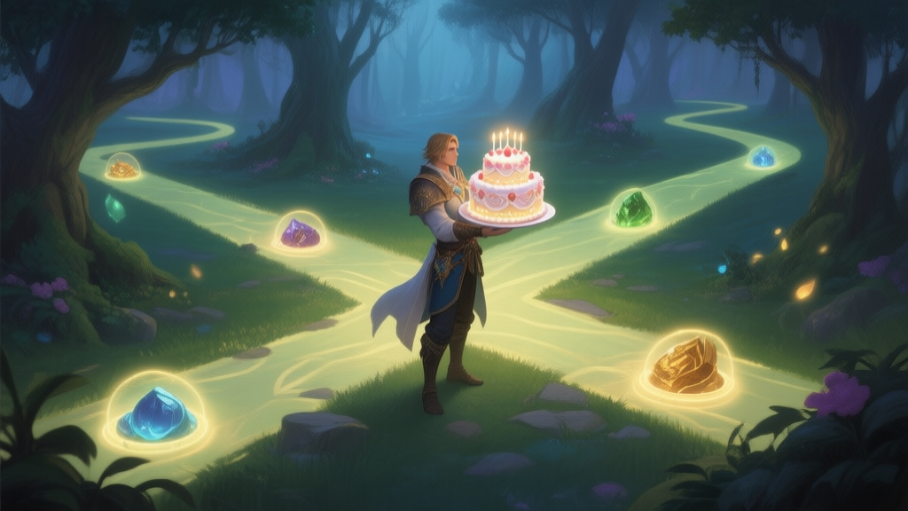 A fantasy game scene showing a player character holding a glowing, ornate wedding cake, standing at a crossroads in a mystical forest with multiple glowing paths leading to different resources, soft magical lighting, painterly style high quality illustration, detailed, 16:9