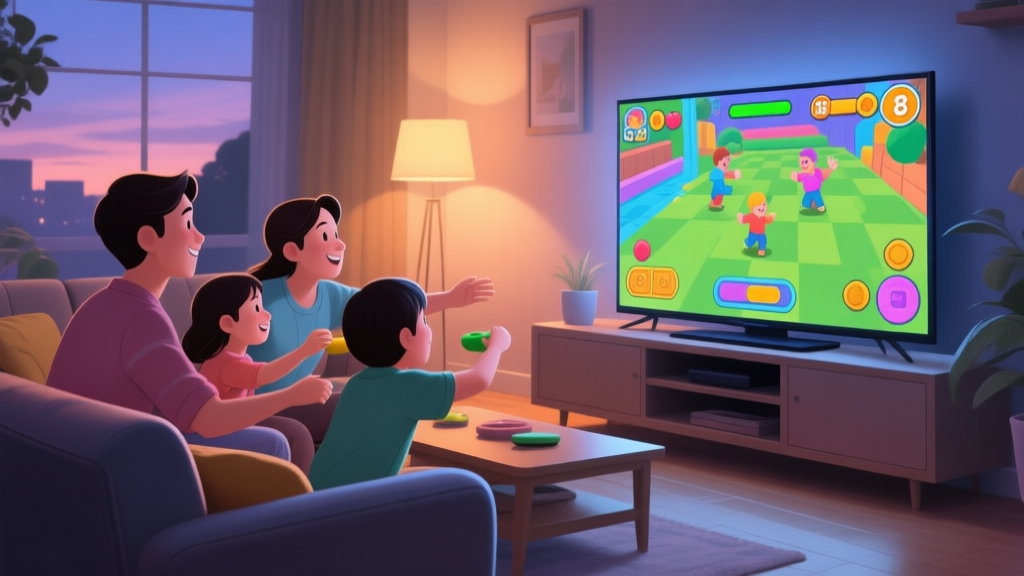 A cozy living room scene with a family of four playing a colorful and friendly simulation game on a large TV screen, soft evening lighting, warm and inviting atmosphere high quality illustration, detailed, 16:9