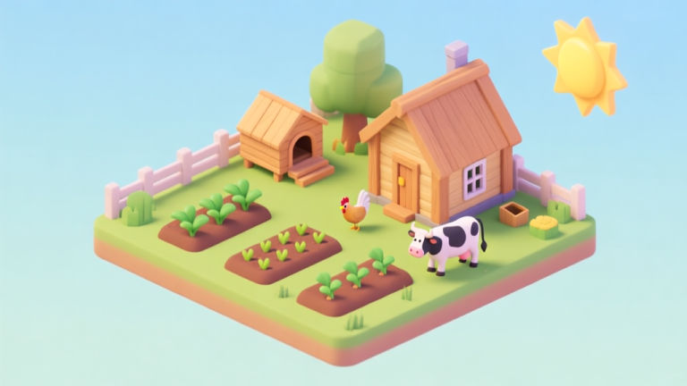 自动生成图片: A vibrant, isometric view of a beginner's farm in a simulation game, showing a small wooden house, a few crop plots, a chicken coop, and a cow grazing, under a bright sun, soft pastel color palette high quality illustration, detailed, 16:9