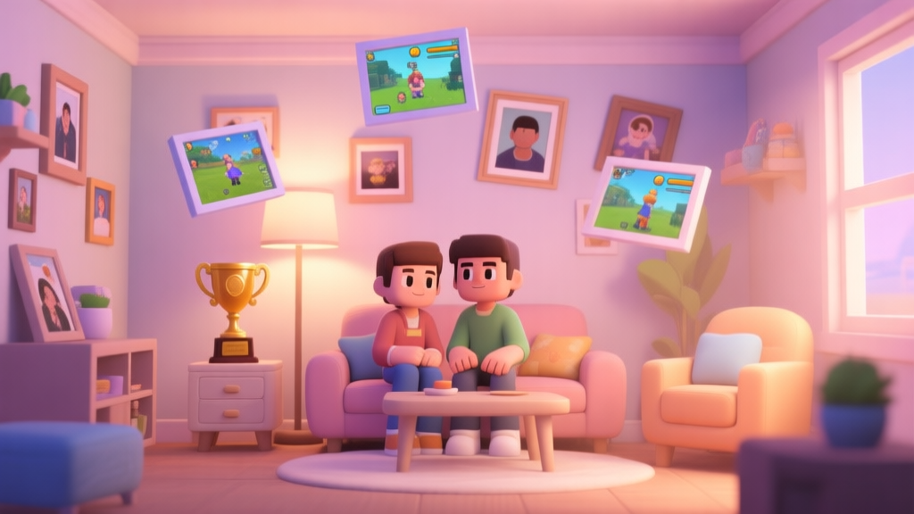 A cozy, softly lit virtual room in a life simulation game, with two avatars sitting together, surrounded by mementos like floating picture frames showing in-game screenshots, a shared trophy, and personalized furniture, in a warm pastel color palette high quality illustration, detailed, 16:9