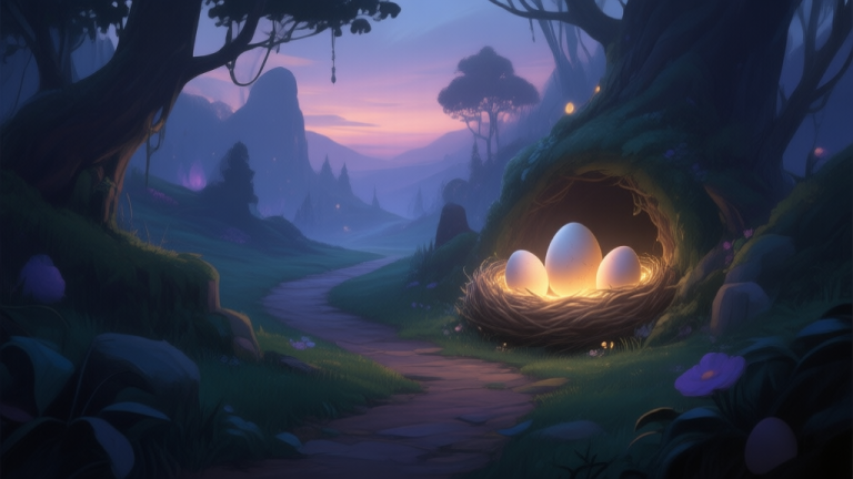 自动生成图片: A serene, mystical game landscape at dusk, showing a hidden path leading to a glowing nest with large eggs, soft fantasy lighting, painted digital art style high quality illustration, detailed, 16:9