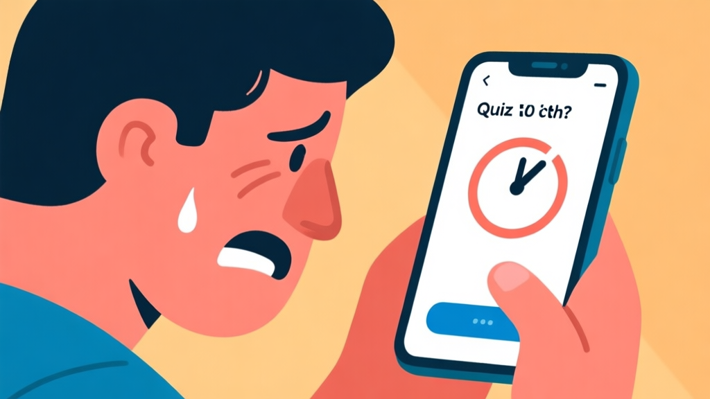 A person looking stressed at a smartphone screen showing a quiz question with a ticking timer, in a flat illustration style with warm and cool contrasting colors to show tension high quality illustration, detailed, 16:9