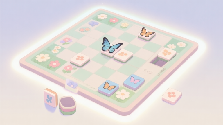 自动生成图片: A serene digital illustration of a Butterfly Kyodai game board mid-play, with some matched tiles removed revealing layers beneath, soft pastel colors of butterflies and flowers, a faint glow around available matching pairs, minimalist and clean style high quality illustration, detailed, 16:9