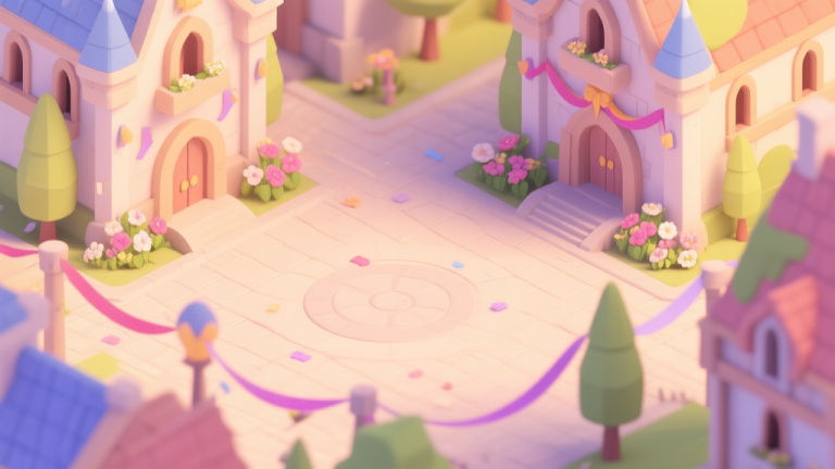 自动生成图片: A warm, inviting illustration of a fantasy kingdom town square with subtle hints of celebration like ribbons and flowers, soft pastel color palette, isometric view high quality illustration, detailed, 16:9