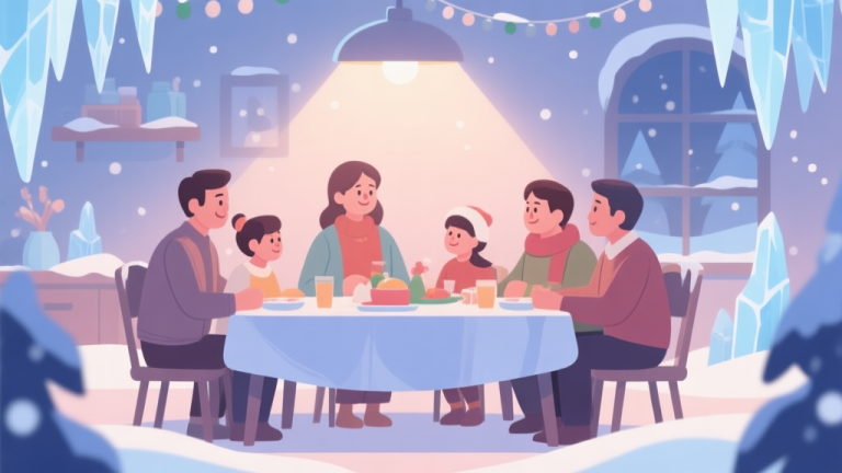 自动生成图片: A cozy, festive in-game scene with a virtual family gathering around a table, soft winter lighting, hints of ice and snow decorations in a gentle color palette, flat illustration style high quality illustration, detailed, 16:9