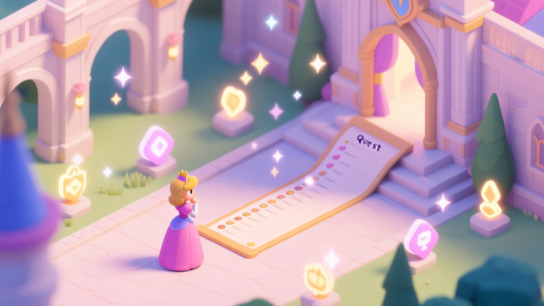 自动生成图片: A serene, pastel-colored game scene showing a majestic princess palace courtyard with glowing event icons, a player character looking thoughtfully at a long quest list, soft magical sparkles in the air, isometric view, soft lighting high quality illustration, detailed, 16:9