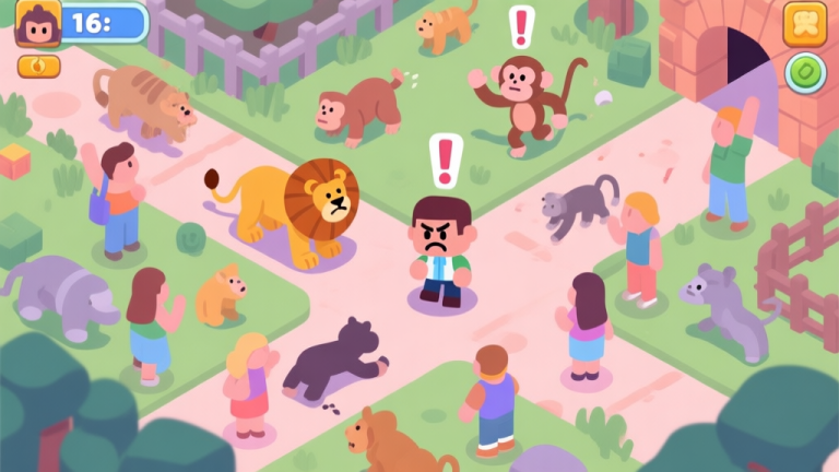 自动生成图片: A chaotic yet charming zoo game scene top-down view, with escaped animals like lions and monkeys roaming near paths, visitors with exclamation marks above their heads, and a stressed-looking player character in the center, soft pastel color palette, isometric mobile game art style high quality illustration, detailed, 16:9
