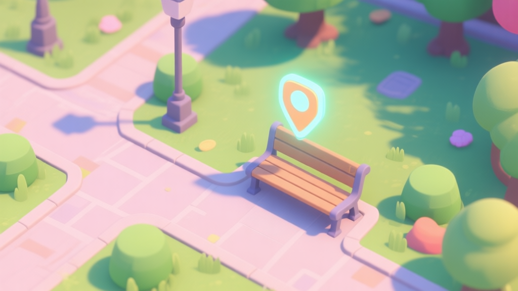 A stylized, top-down map view of a vibrant park area in a video game, with a glowing quest marker icon hovering over a specific bench, soft pastel colors, clean lines high quality illustration, detailed, 16:9