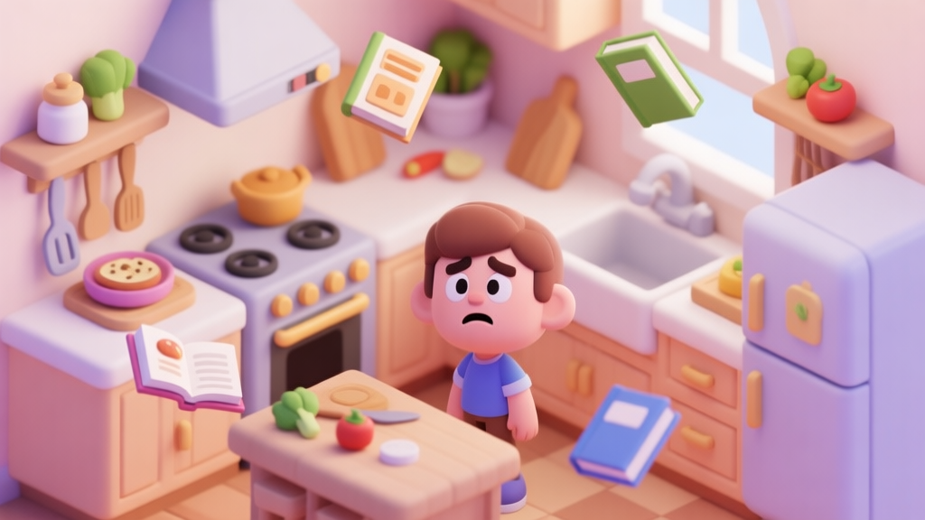 A cozy, stylized game scene of a character looking confused in a virtual kitchen, with recipe books and ingredients floating around, soft pastel colors, isometric view high quality illustration, detailed, 16:9