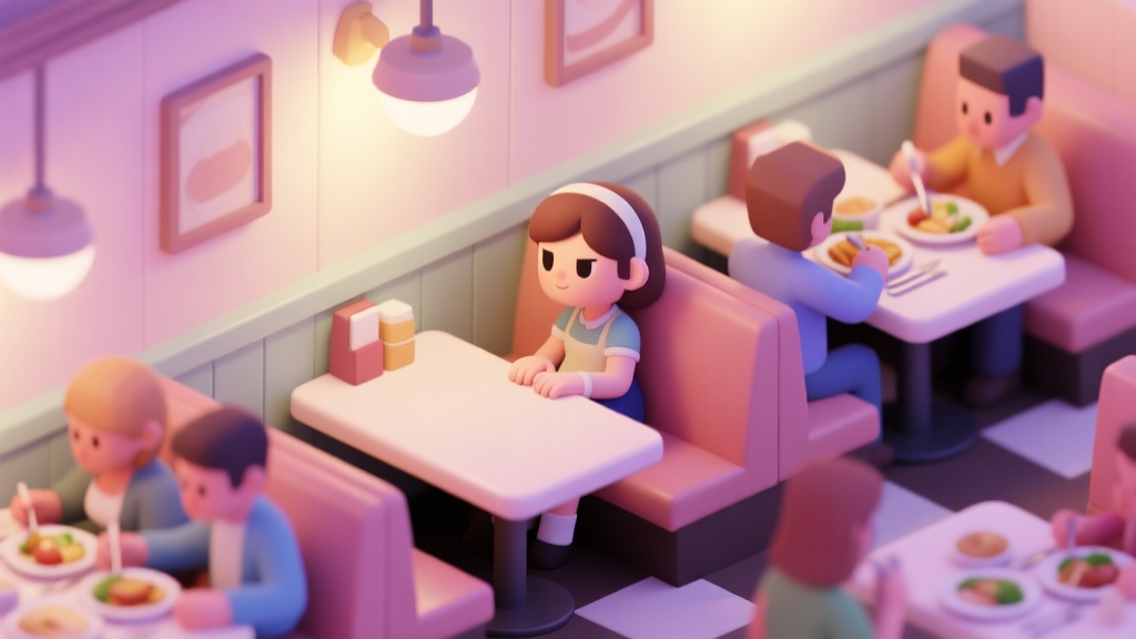A cozy, softly lit restaurant interior in a game simulation style, with a distinct character (Lily) sitting at a corner table looking relaxed, while other customers are actively eating. Pastel color palette, isometric view high quality illustration, detailed, 16:9