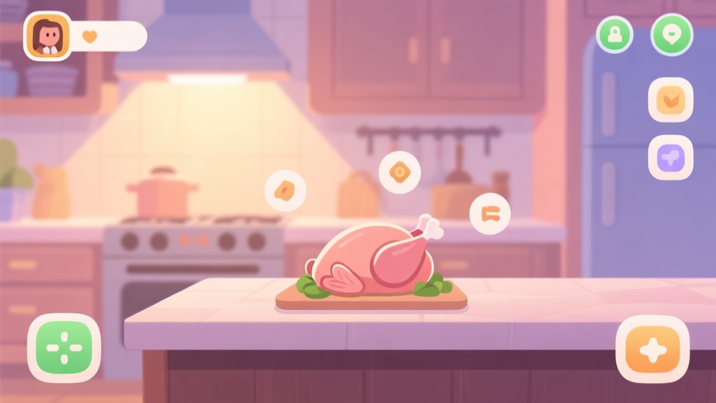 A cozy, inviting game scene of a digital kitchen with a raw turkey on a counter, soft warm lighting, pastel colors, and gentle UI icons floating around, flat illustration style high quality illustration, detailed, 16:9