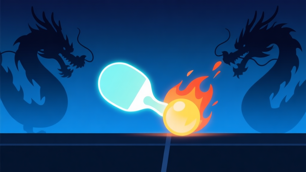 A dynamic yet minimalist game scene showing a glowing paddle deflecting a fiery ball against a dark blue gradient background, with subtle dragon silhouette effects, flat design style high quality illustration, detailed, 16:9