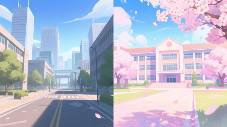 自动生成图片: Split-screen illustration showing a contrast between a standard modern city simulation game scene and a vibrant, anime-inspired university campus scene with cherry blossoms, soft pastel color palette, digital art style high quality illustration, detailed, 16:9