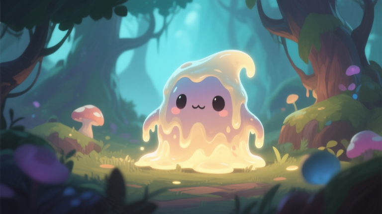 自动生成图片: A mysterious, cute, and slightly gooey creature in a fantasy game forest setting, glowing with soft light, rendered in a painterly video game art style, soft color palette high quality illustration, detailed, 16:9