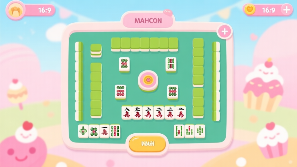 A welcoming and colorful digital game interface showing a Mahjong tile layout with sweet-themed backgrounds, soft pastel colors, and a friendly design, flat illustration style high quality illustration, detailed, 16:9