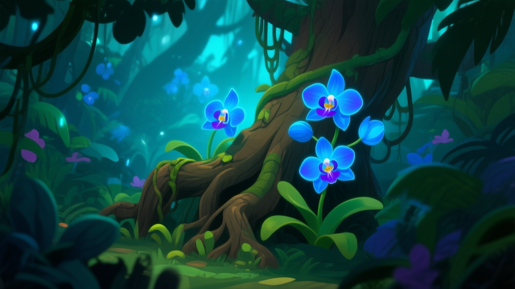 A vibrant game scene showing a dense, mystical jungle with glowing blue orchids (Poll Monkey Orchids) partially hidden among tree roots and vines, soft magical lighting, video game art style high quality illustration, detailed, 16:9