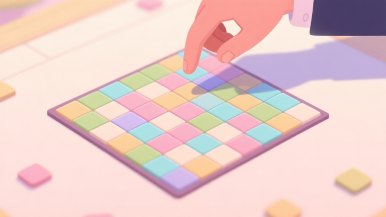 自动生成图片: A top-down view of a colorful tile-based game board in soft pastel colors, with a hand hovering above, suggesting strategic planning rather than random matching high quality illustration, detailed, 16:9