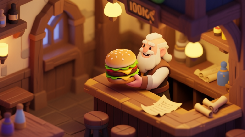 A cozy, isometric view of a fantasy game tavern interior, with a friendly non-player character (NPC) behind a counter holding a large, whimsical burger. Soft lighting, warm color palette of browns and yellows, paper quest scrolls visible on the counter high quality illustration, detailed, 16:9