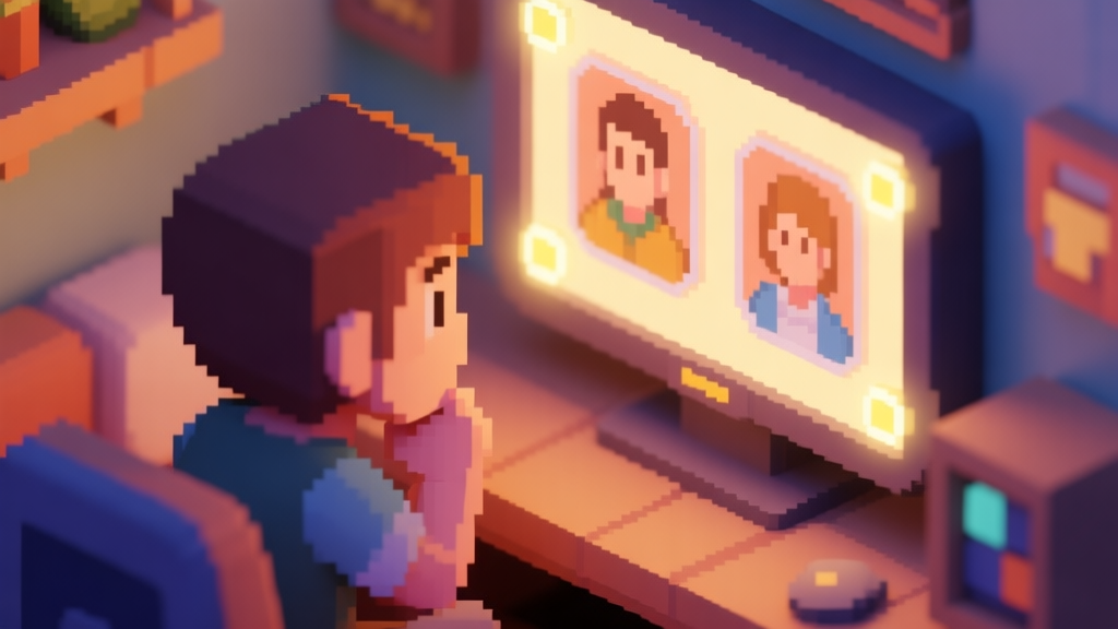 A cozy, isometric pixel art scene of a game character looking thoughtfully at two portrait icons on a screen, with soft glowing indicators, in a warm and inviting color palette high quality illustration, detailed, 16:9