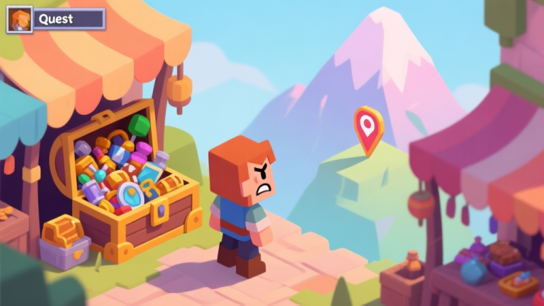 自动生成图片: A frustrated game character standing in a vibrant fantasy marketplace, their inventory window overflowing with miscellaneous items, looking at a quest marker on a distant mountain, soft pastel color palette, isometric view high quality illustration, detailed, 16:9