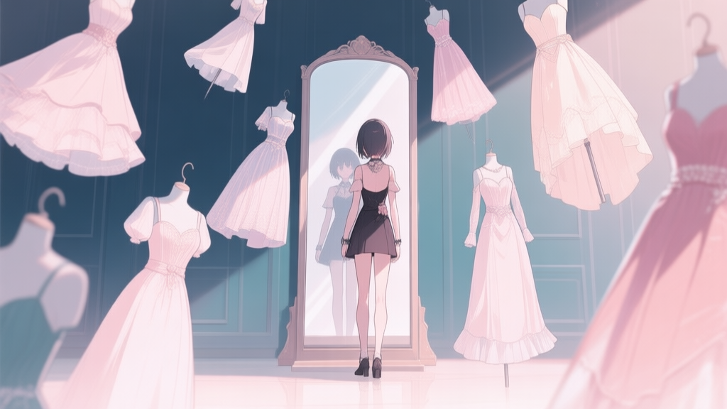 A stylized game scene showing a character standing before a mirror with multiple elegant dress options floating around, soft pastel color palette, anime-inspired art style, sense of anticipation high quality illustration, detailed, 16:9