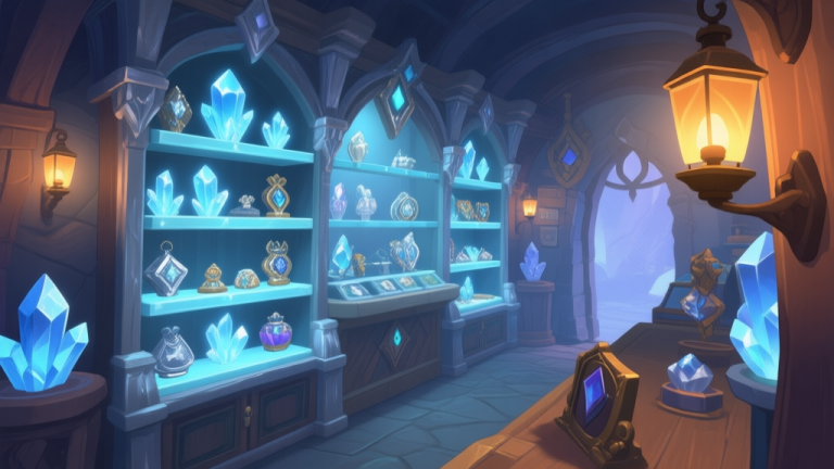 自动生成图片: A cozy, mystical in-game shop interior with glowing crystal shelves holding various exclusive items, soft ice-blue and silver color palette, warm lantern light, seen from a player's perspective high quality illustration, detailed, 16:9