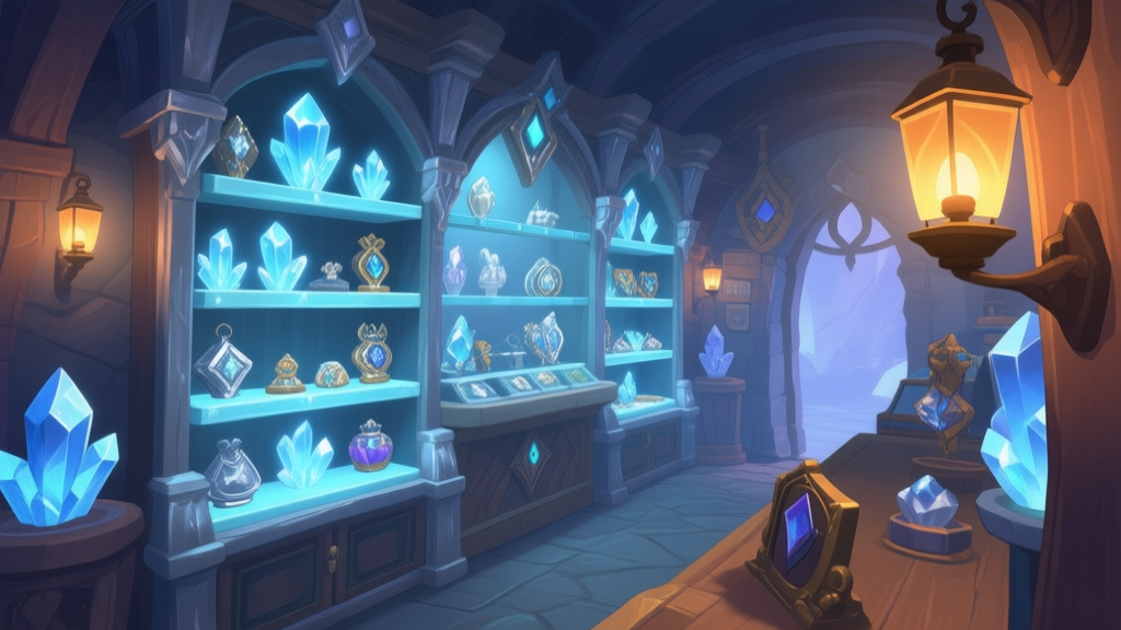 A cozy, mystical in-game shop interior with glowing crystal shelves holding various exclusive items, soft ice-blue and silver color palette, warm lantern light, seen from a player's perspective high quality illustration, detailed, 16:9