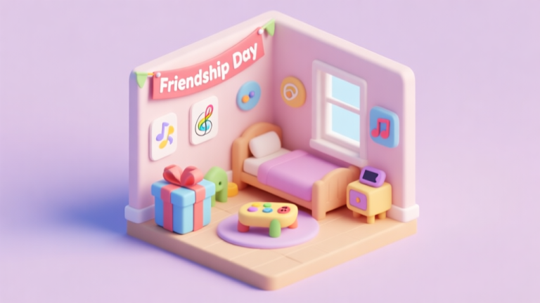 自动生成图片: A cheerful, isometric view of a virtual playroom with a "Friendship Day" banner, a gift box, and simple icons representing different game activities like drawing and music, in a soft pastel color palette high quality illustration, detailed, 16:9