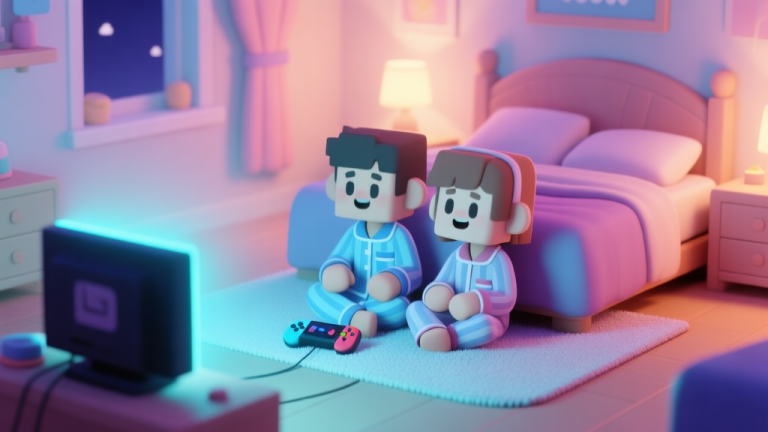 自动生成图片: A cozy, softly lit virtual bedroom scene for a slumber party, with two stylized game avatars in pajamas sitting on a rug, a game console screen glowing in front of them, pastel color scheme, warm and friendly atmosphere, video game illustration style high quality illustration, detailed, 16:9