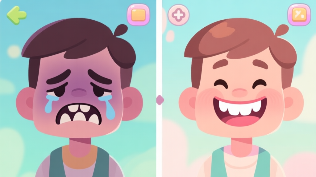 A split-screen illustration showing a sad game character with bad teeth on one side, and the same character smiling brightly with perfect teeth after a makeover on the other, in a soft pastel game UI style high quality illustration, detailed, 16:9