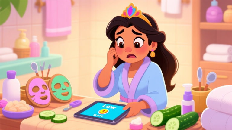 自动生成图片: A cheerful Latina princess character in a spa robe, looking confused at a tablet showing a low score, surrounded by various spa tools like face masks and cucumbers, in a bright and friendly game art style high quality illustration, detailed, 16:9