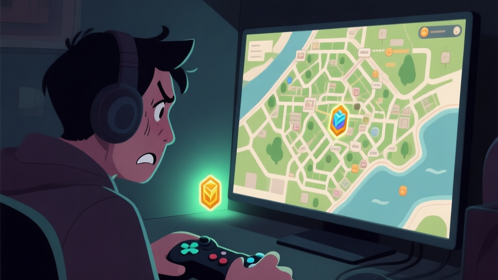 A frustrated gamer looking at a complex game map on a screen, with one glowing item icon hidden in a dark corner, soft lighting and muted colors high quality illustration, detailed, 16:9