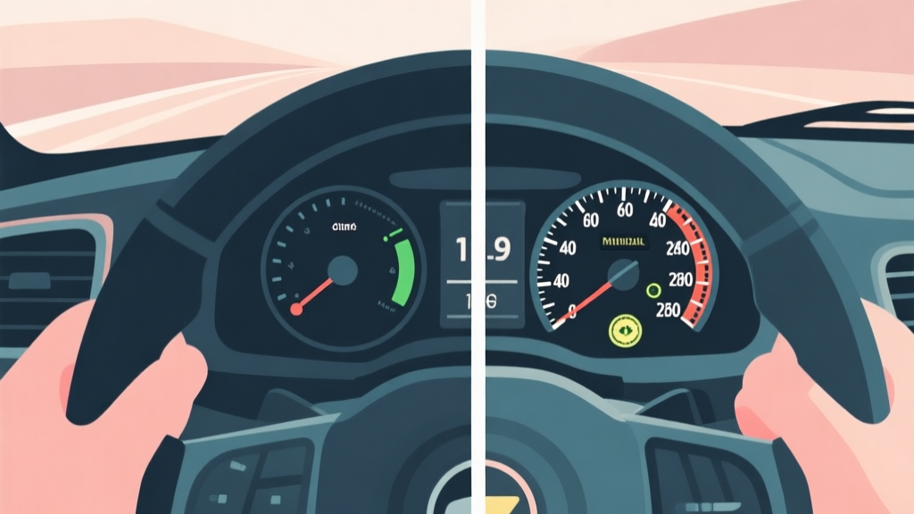 Split-screen comparison of a racing game dashboard: left side shows automatic transmission with simple gear display, right side shows manual transmission with detailed tachometer, gear indicator, and clutch input visualization, in a soft color palette high quality illustration, detailed, 16:9