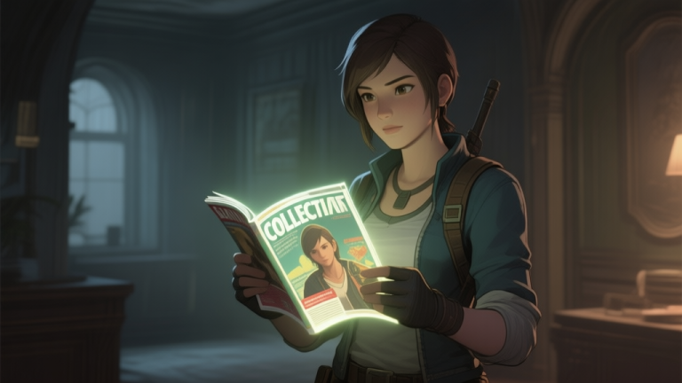 自动生成图片: A game character holding a glowing collectible magazine in a dimly lit, detailed indoor environment, soft lighting, focused on the item, muted color palette high quality illustration, detailed, 16:9