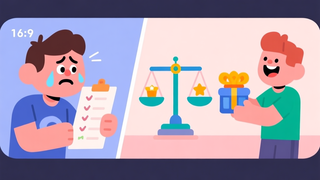 A split-screen illustration showing a worried game character looking at a shopping list on one side, and a joyful character receiving game rewards on the other, with a scale in the middle, soft pastel colors, flat design style high quality illustration, detailed, 16:9