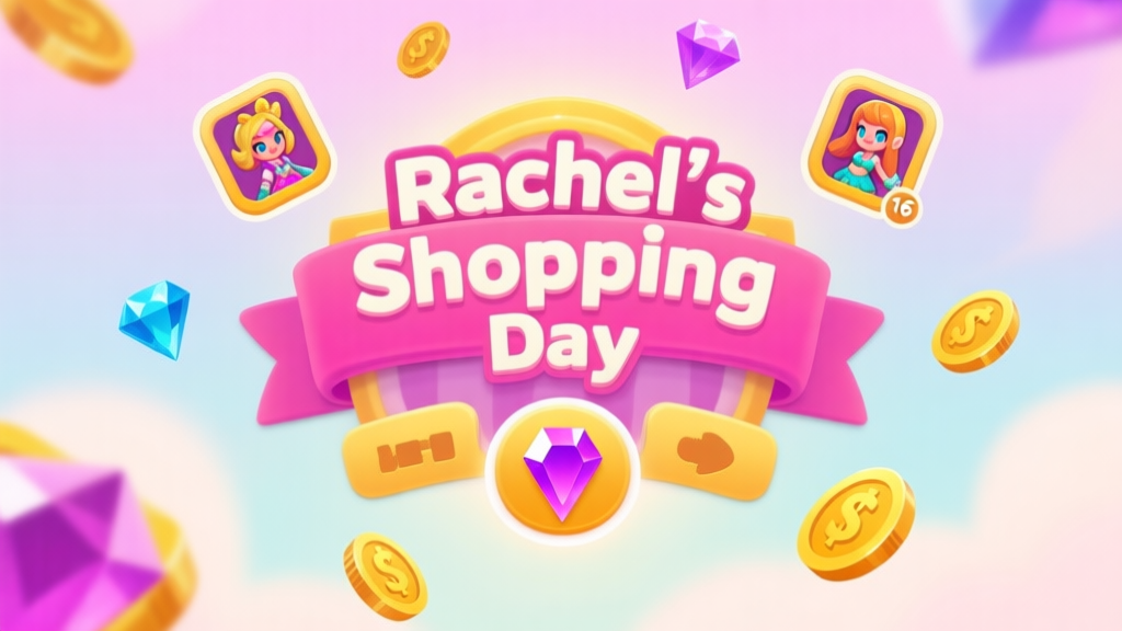 A vibrant mobile game interface showing a special event banner titled "Rachel's Shopping Day", with tempting reward icons like character skins, gems, and coins floating around, set against a soft pastel background high quality illustration, detailed, 16:9