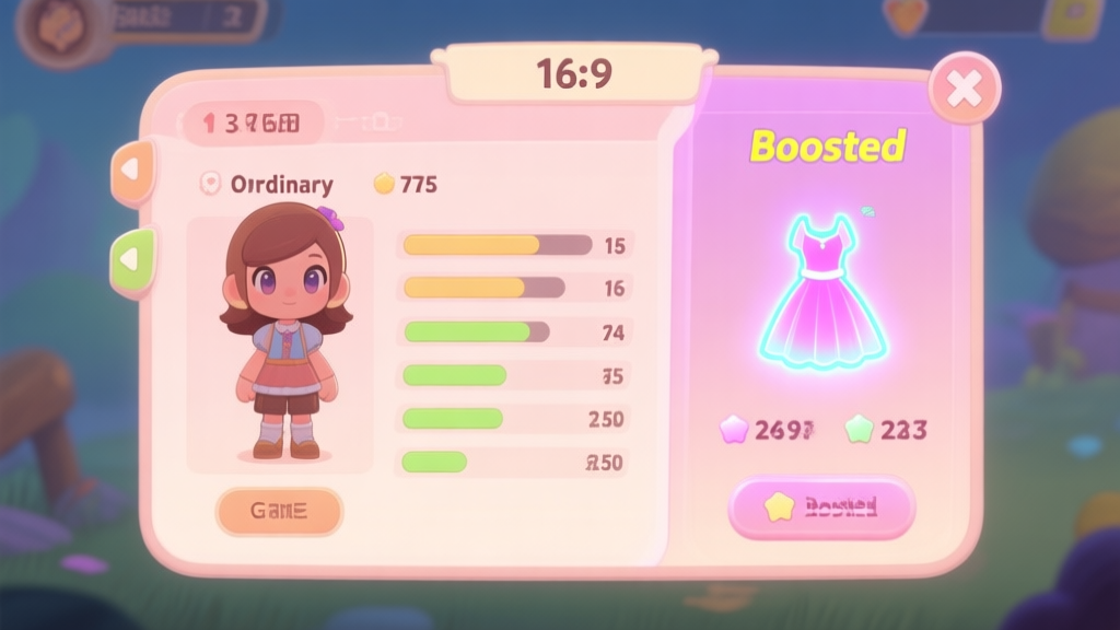 A side-by-side comparison of a game character's stats screen, left side showing ordinary stats, right side showing boosted stats with a glowing dress icon, in a soft pastel game UI style high quality illustration, detailed, 16:9