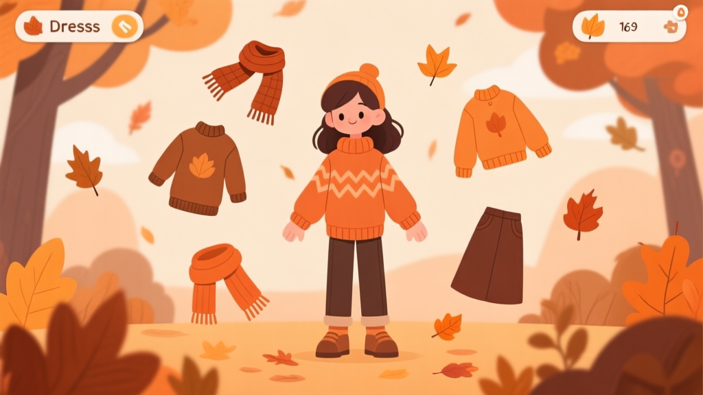A cozy autumn scene in a dress-up game interface, showing a character with various fall clothing options like sweaters and scarves floating around, soft orange and brown color palette, flat design style high quality illustration, detailed, 16:9
