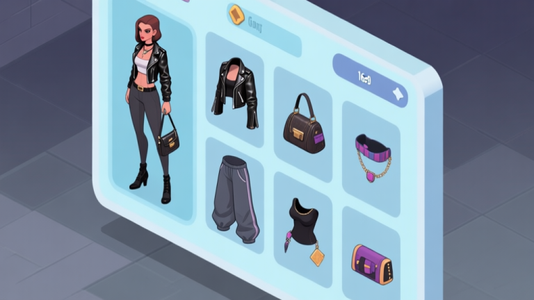 自动生成图片: A stylized, isometric view of a game inventory screen showing various gangster-themed costume pieces for a female character, including a leather jacket, baggy pants, and accessories, arranged neatly in slots. Soft blue and grey color scheme, clean interface design. high quality illustration, detailed, 16:9