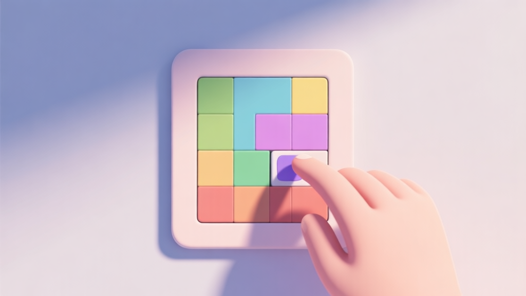 A serene, minimalist game interface showing a colorful grid puzzle in soft pastel tones, with a hand hovering thoughtfully over a selection of paint blocks, soft shadows, clean lines high quality illustration, detailed, 16:9