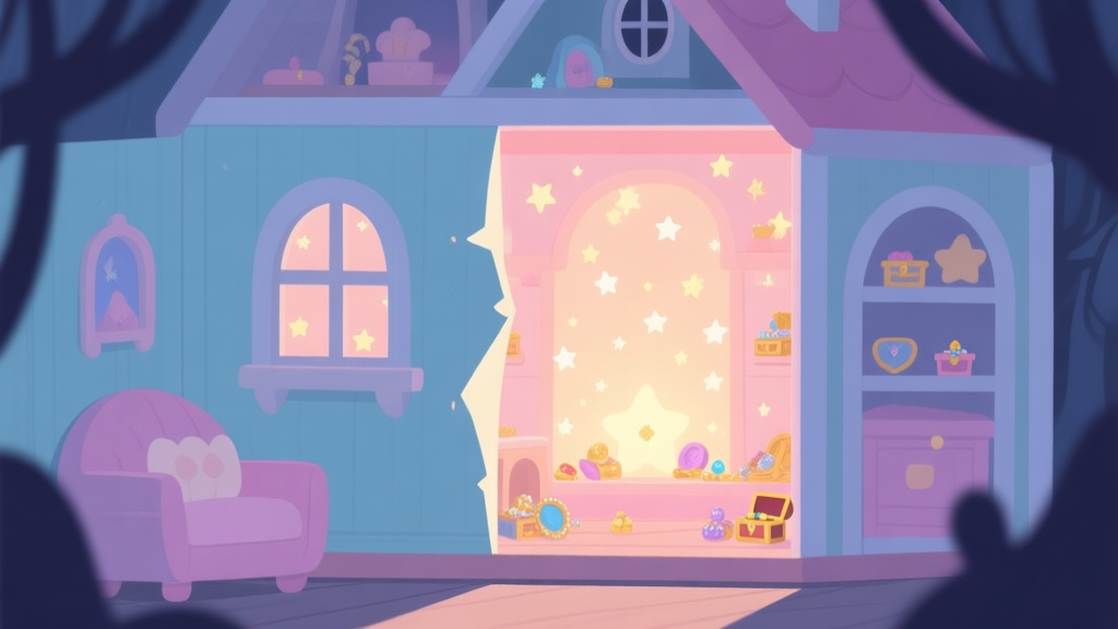 A cozy, slightly mysterious dollhouse interior in soft pastel colors, with one wall slightly ajar revealing a hidden, glowing room filled with tiny stars and miniature treasures, flat illustration style high quality illustration, detailed, 16:9
