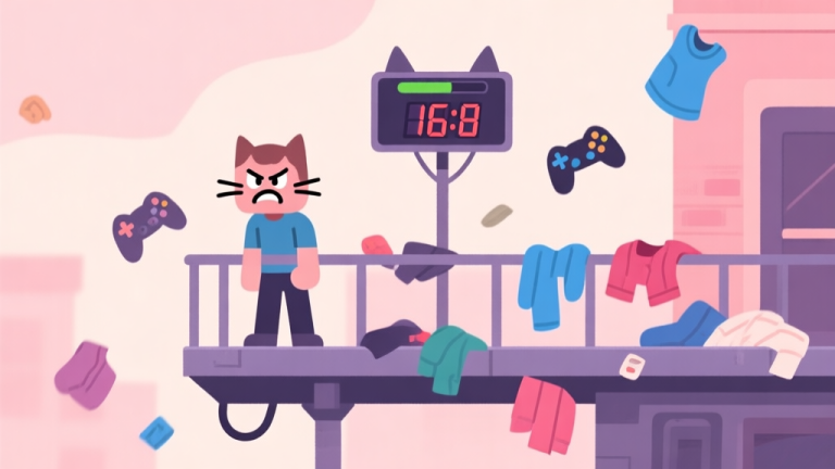 自动生成图片: A frustrated game character standing on a catwalk with a low score display, surrounded by scattered clothing items, in a soft pastel color palette, flat design style high quality illustration, detailed, 16:9