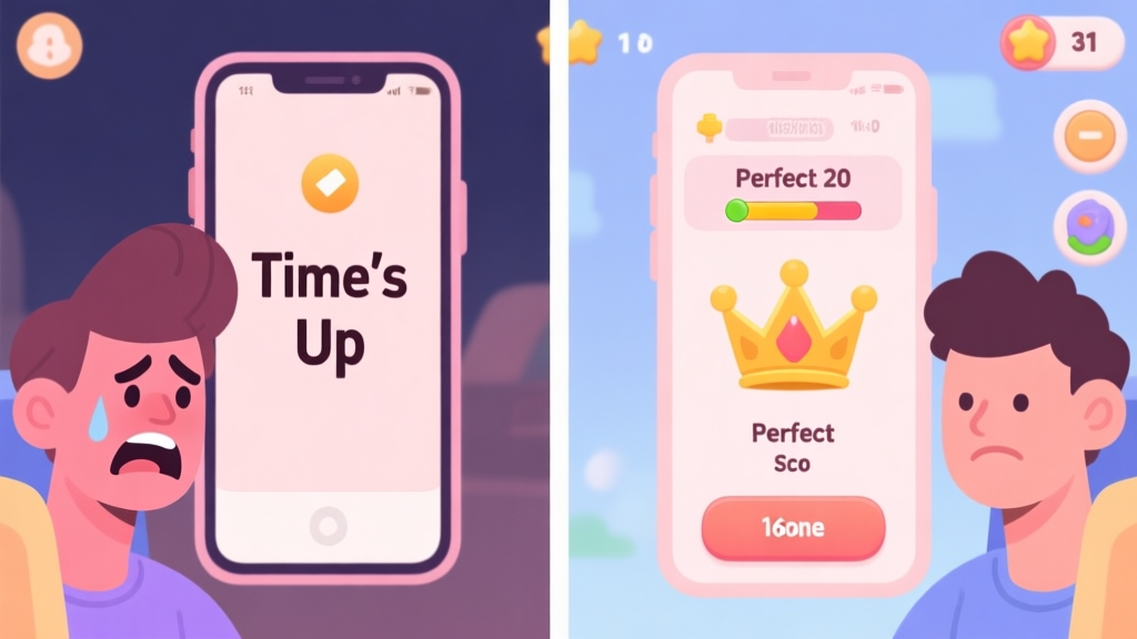 A split-screen illustration showing a frustrated player on a smartphone with a "Time's Up" message on one side, and a calm, strategic player with a perfect score and a crown icon on the other, in a soft pastel game UI style high quality illustration, detailed, 16:9