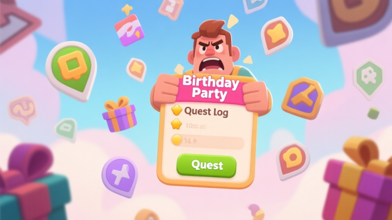 自动生成图片: A frustrated game character surrounded by floating, confusing quest markers and gift icons, with a big highlighted "Birthday Party" quest log in the center, soft pastel color palette high quality illustration, detailed, 16:9