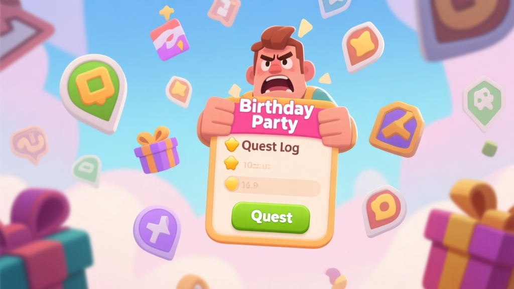 A frustrated game character surrounded by floating, confusing quest markers and gift icons, with a big highlighted "Birthday Party" quest log in the center, soft pastel color palette high quality illustration, detailed, 16:9