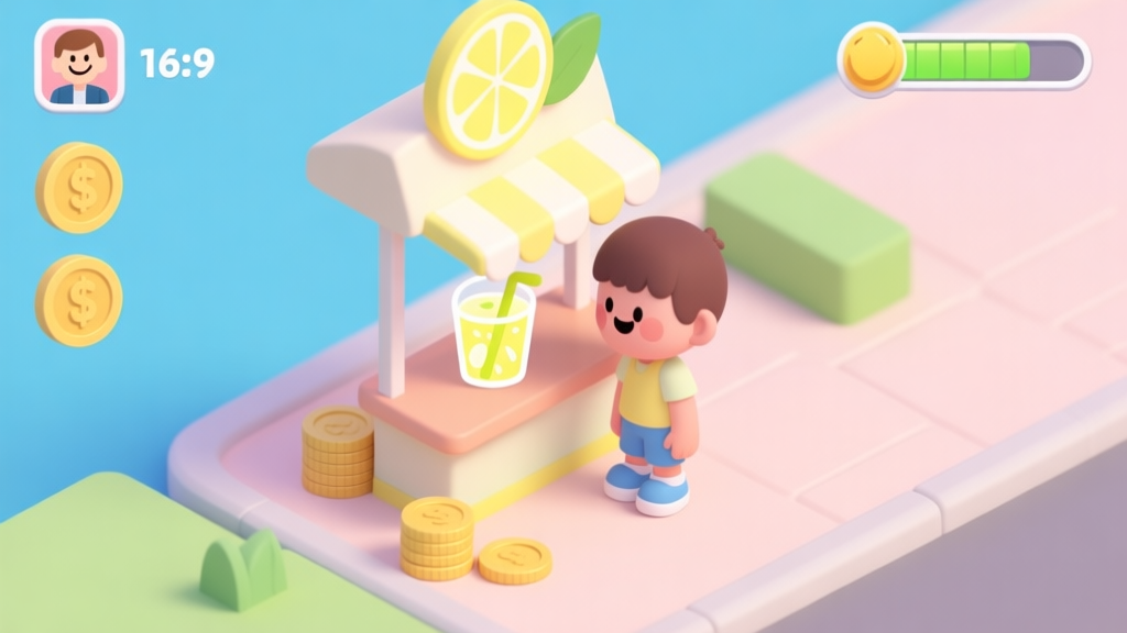 A cheerful, isometric scene of a child's virtual lemonade stand in a game, with simple icons for coins, a smiling customer avatar, and a progress bar, soft pastel colors, clean and friendly illustration high quality illustration, detailed, 16:9