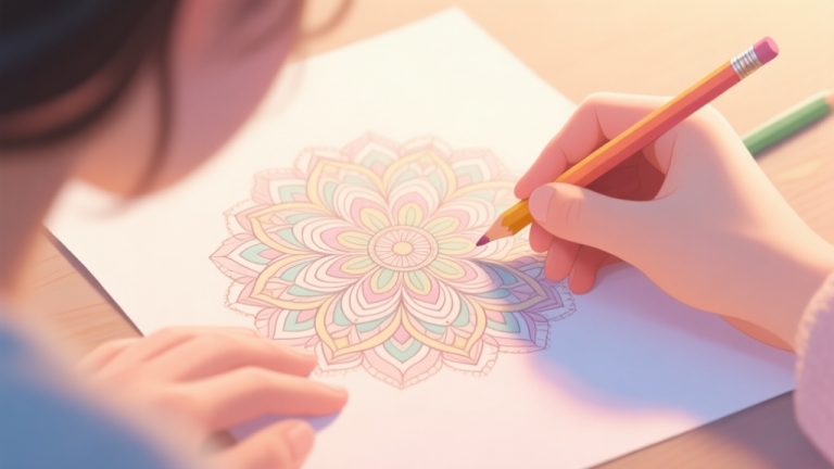 自动生成图片: A serene scene of hands coloring a detailed mandala on paper with colored pencils, soft focus on the intricate pattern, warm and calming ambient light, pastel color palette high quality illustration, detailed, 16:9