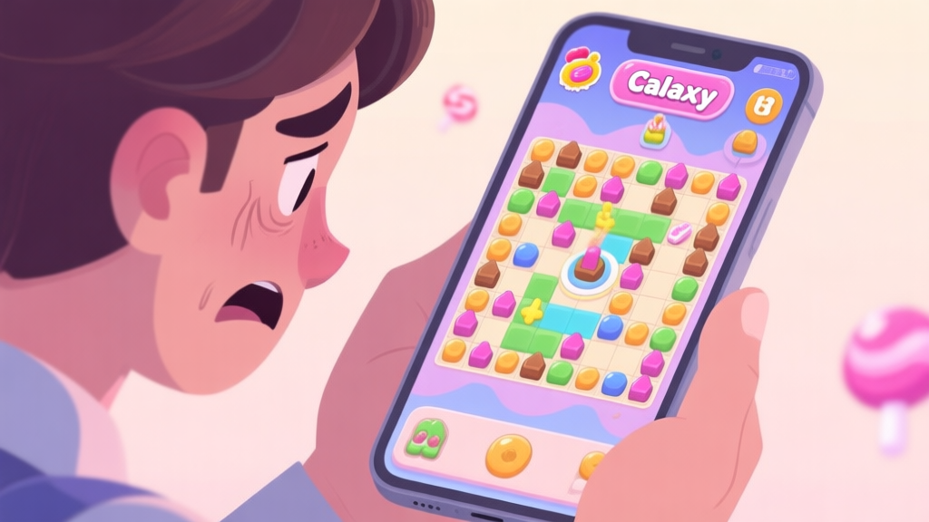 A frustrated player looking at a Candy Galaxy game level on a mobile phone, with a complex board full of blockers and limited moves left, in a soft pastel color palette high quality illustration, detailed, 16:9
