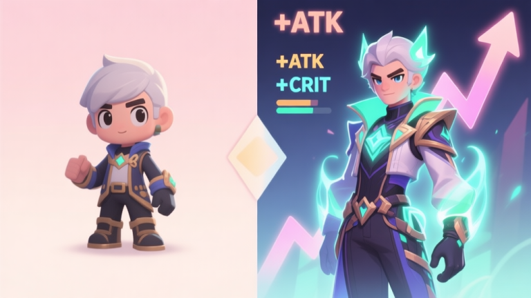 自动生成图片: A split-screen illustration showing a default game character on one side and the same character in a detailed, stylish costume with glowing effects on the other, with upward trending arrows and stats like +ATK and +CRIT, in a soft pastel color scheme high quality illustration, detailed, 16:9
